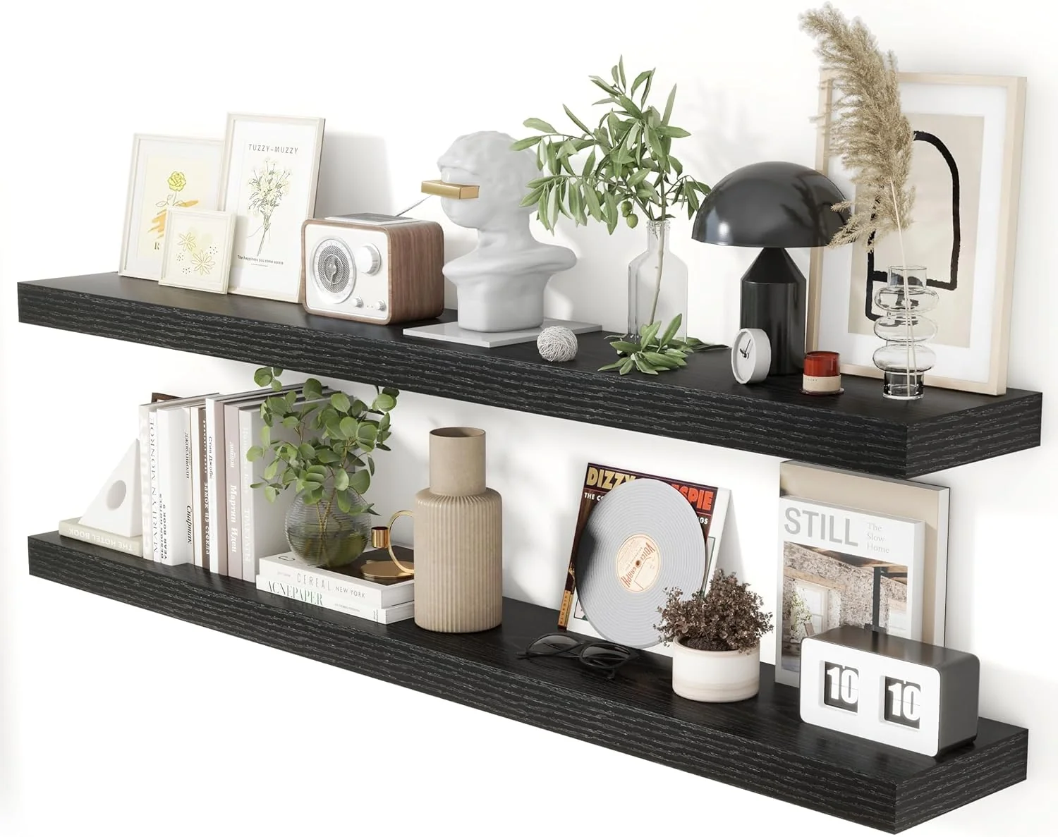 Enhanced Heimlove 55 Inch Floating Shelves for Wall 8 Inch Deep Black Shelves Set of 2 Wall Mounted Rustic Wood Long Floating Shelf，Large Extra Display Recyclable