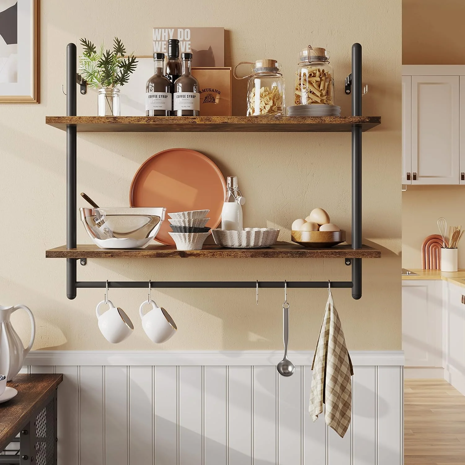 Durable ier Pipe Shelf Industrial Floating Shelving 31 Kitchen Wall-Mounted Shelf with Towel Bar Hooks Coffee Bar Shelves Wine Hanging Display Rack Innovative