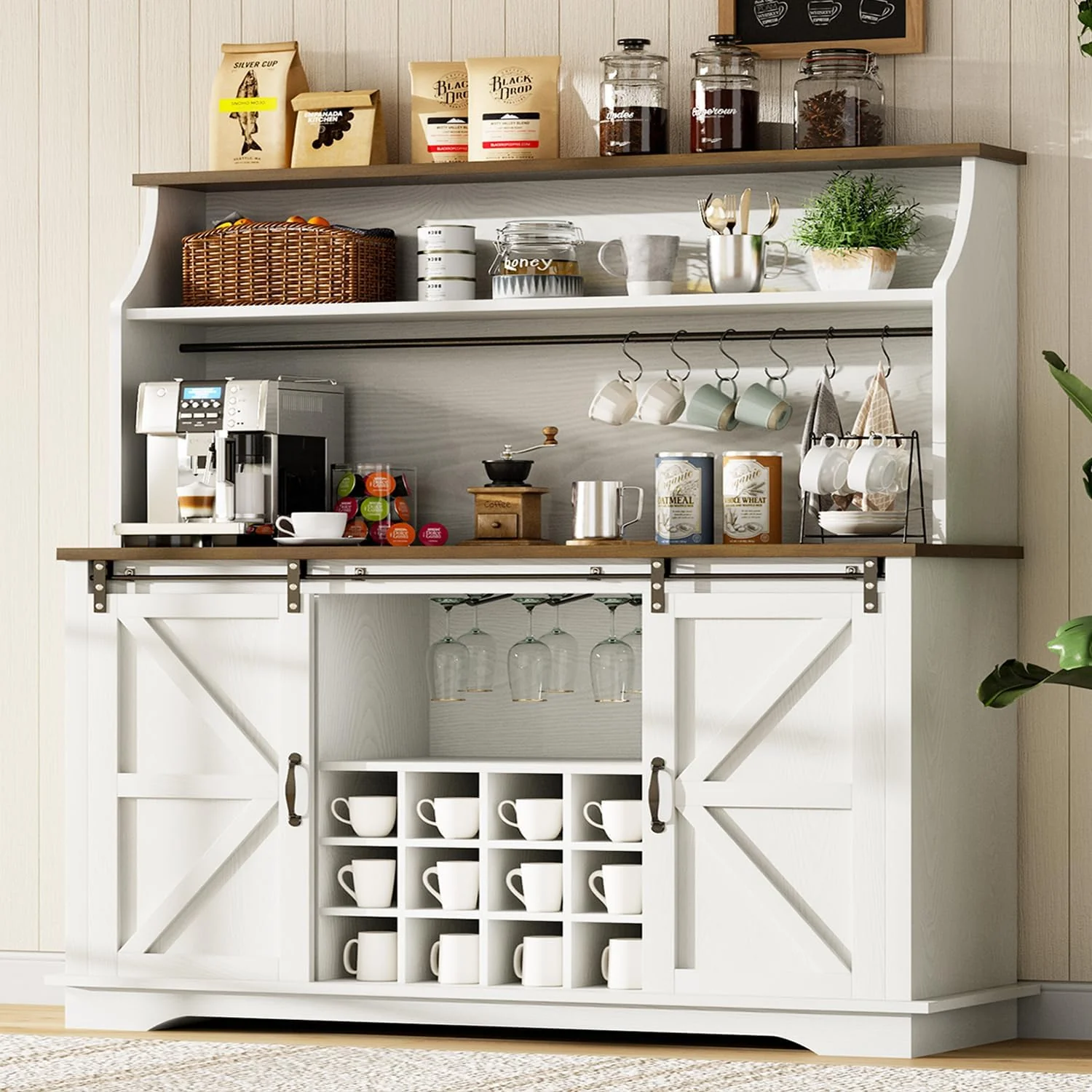Crafted 55 Inch Farmhouse Coffee Bar Cabinet with 3-Tier Enclosed Storage Cabinet Kitchen Hutch with 12 Wine Racks 3 Glass Holders Flexible