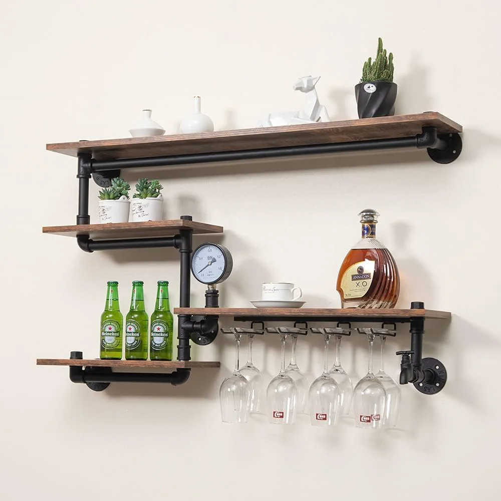 Relaxed Industrial Pipe Shelves Wine Rack Wall Mounted with 4 Stem Glass Holder Bar Shelves 39in Metal Hanging Wine Rack Rustic Floating Pipe Shelf Eco-Friendly