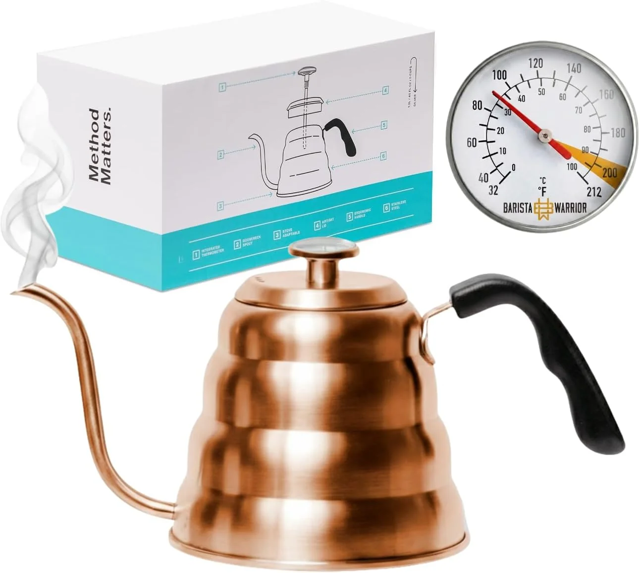 Environmentally Friendly Barista Warrior Gooseneck Kettle with Thermometer – 1.2L Pour Over Coffee amp Tea Kettle Copper Coated Stainless Steel Gooseneck Kettle Pot Precision Pour Drip Spout Suitable for All-Stoves 40 floz Crafted