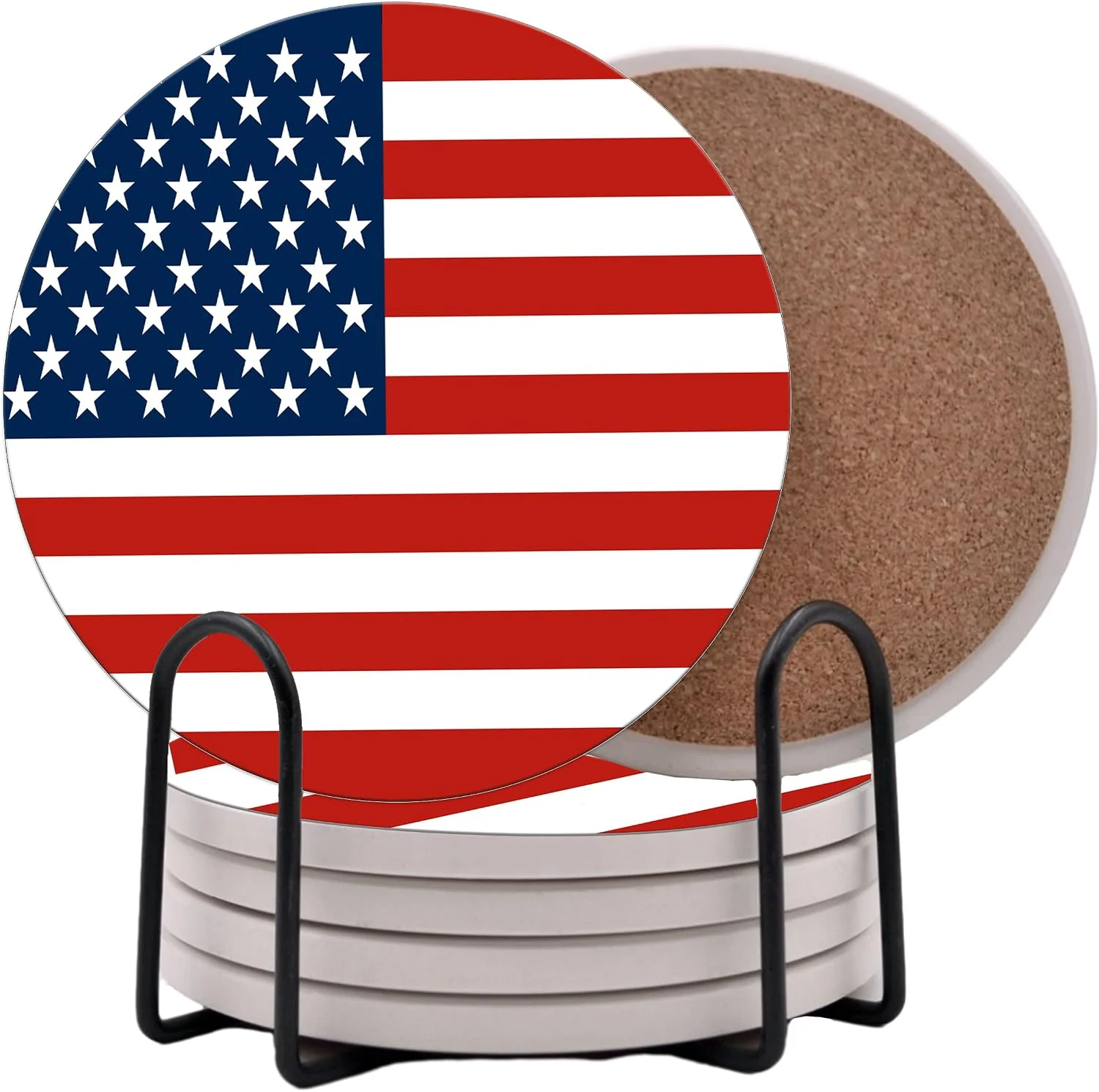 Verified USA American Flag United States Round Coasters Set of 6 – Abosrbent Ceramic with Metal Stand for Drinks Coffee Non-Slip Cork Back for Tabletop Protection 4 Inches Old Glory High-End