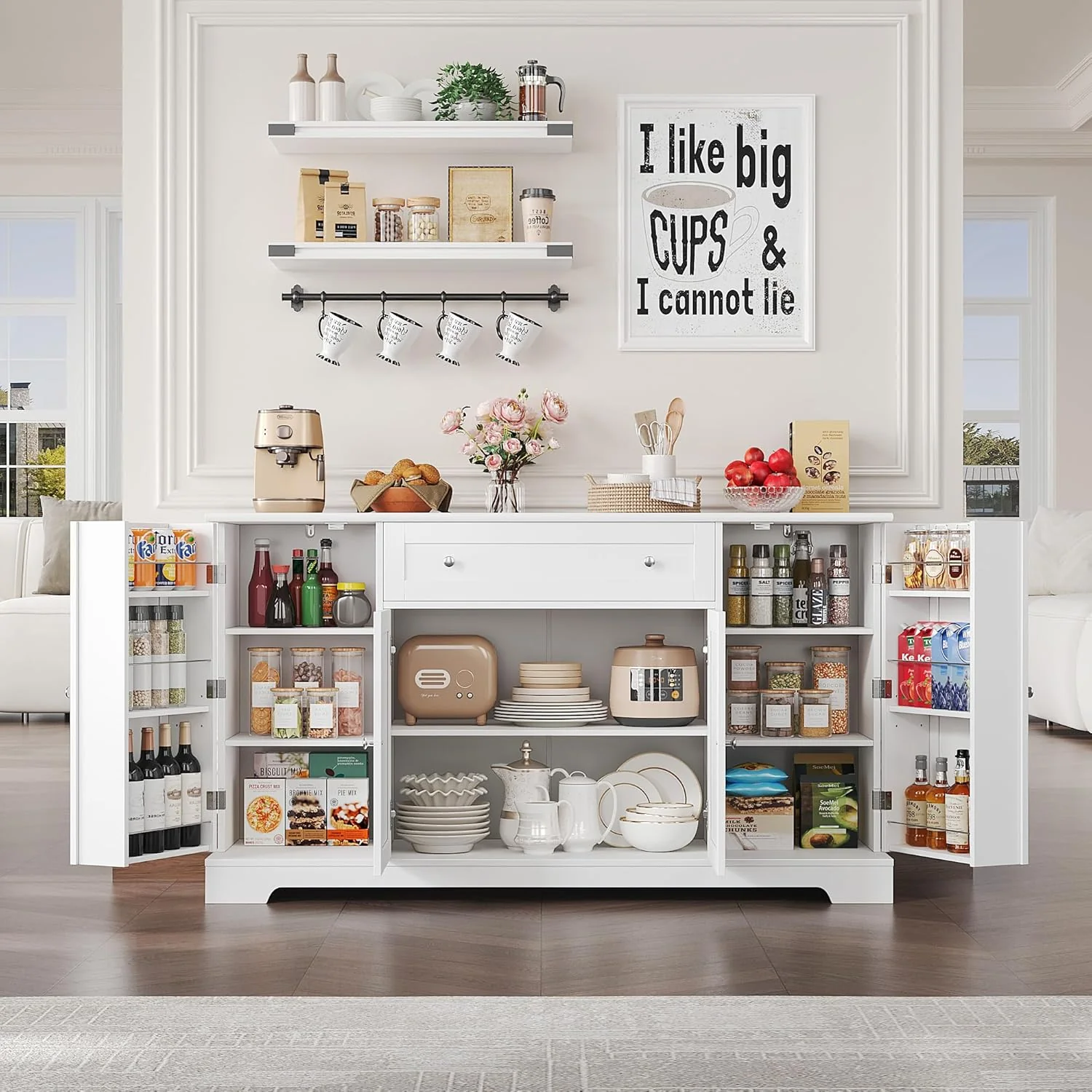Genuine HITHOS 54 Buffet Cabinet with Storage Modern Kitchen Buffet Sideboard with Drawer Wood Coffee Bar Station with Adjustable Shelves Kitchen Storage Cabinet for Living Room White World-Class