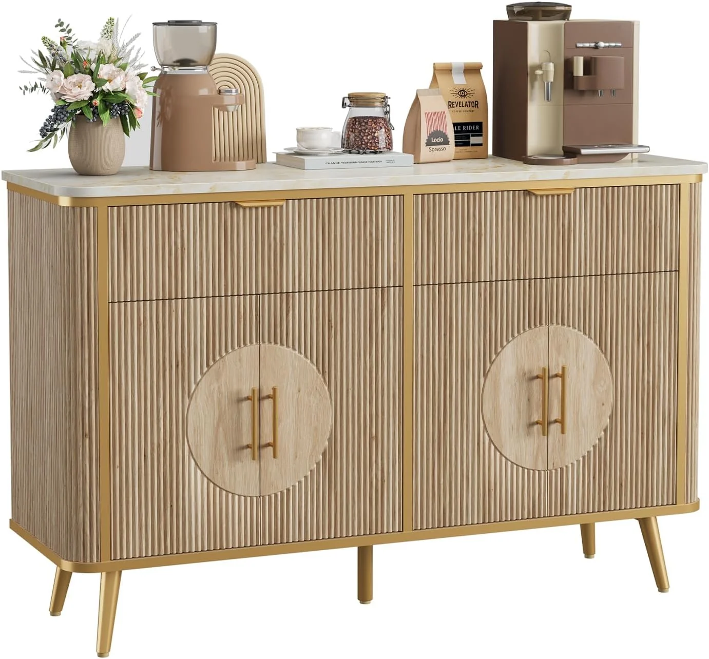 Casual 47.2 Buffet Storage Cabinet Modern Fluted Coffee Bar Station with 2 Drawers Adjustable Shelves Kitchen Sideboard Buffet for Dining Room Detailed