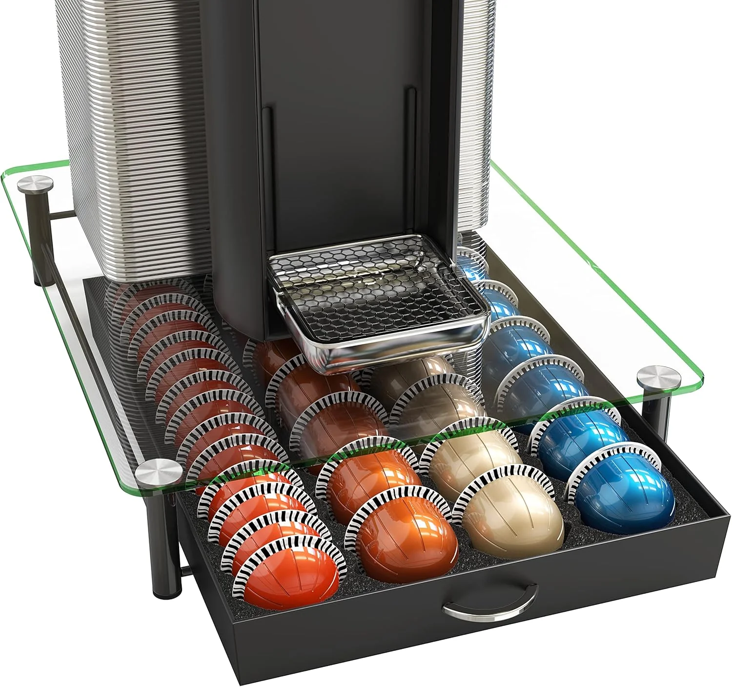 Stylish DecoBrothers Crystal Tempered Glass Vertuo Pod Holder Drawer 28 Large or 56 Small Nespresso Capsule Organizer Black Safe