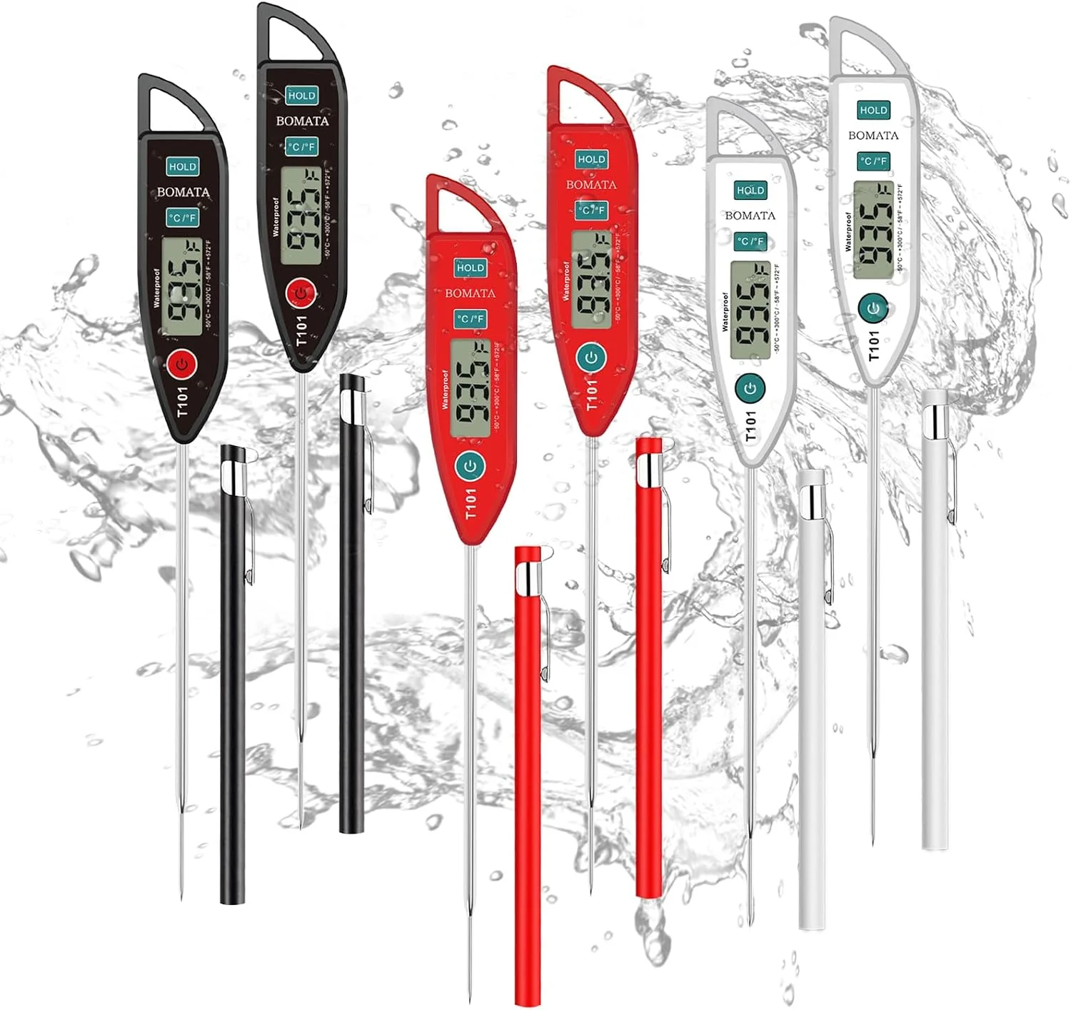 Innovative BOMATA 6 Pack Waterproof IPX7 Meat Thermometer Food Thermometer Instant Read Long Probe for Water Liquid Kitchen Cooking Grill BBQ T101 X 6 Pcs Black amp Red amp White … Next-Generation