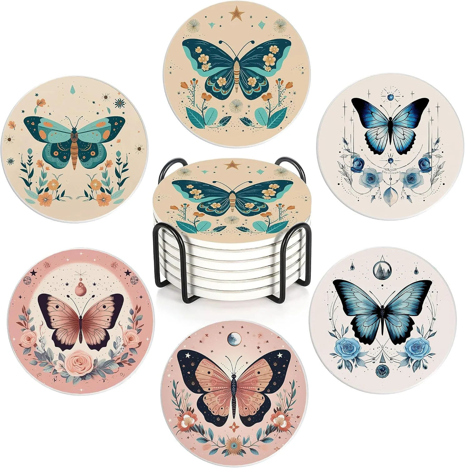 Certified Coaster for Drinks Set of 6 Boho Butterfly Flower Absorbing Round Ceramic Stone Coaster with Cork Base Tabletop Protection Mat for Mugs and Cups Coffee Table Wine Glass Home Bar 4 Inch Consistent