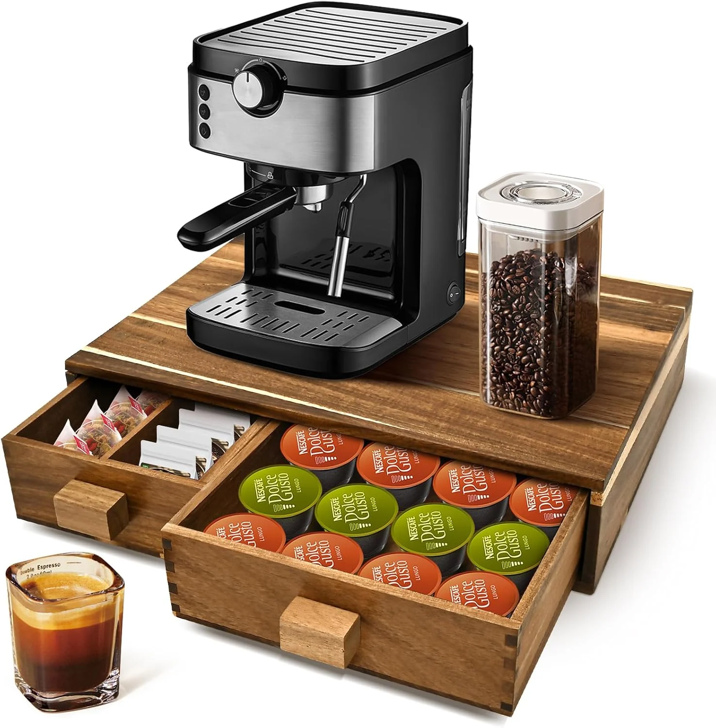 Original Design Acacia Wood K Cup Holder，Coffee Pods and Tea Bag Storage Organizer，with Two Drawers Kcup Holders for Counter，Multi-Functional Coffee Maker Stand Authentic