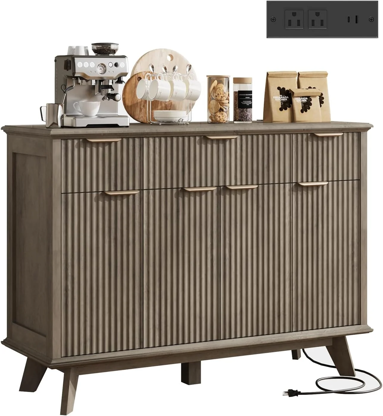 Proven QUW Fluted Sideboard Buffet Cabinet with Charging Station 47.2 Kitchen Storage Cabinet with Drawers and Adjustable Shelves Contemporary