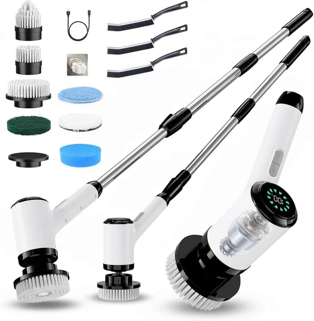 Specialty Electric Spin Scrubber for Cleaning-2 Adjustable Speeds 8 Cleaning Brushes Cordless Cleaning Tools Shower Scrubber with Long Handle Lightweight