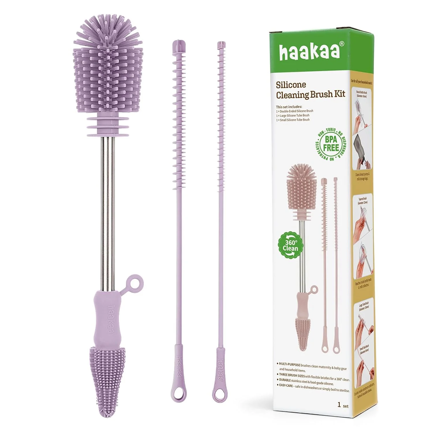 Versatile haakaa Silicone Cleaning Brush Kit – Baby Bottle Brush Cleaner for Breast Pump Nipple Breast Milk Storage Bag Reusable Straw Sippy Cup – Food Grade Silicone Bristles Portable – 3 Pcs – Lavender Environmentally Friendly
