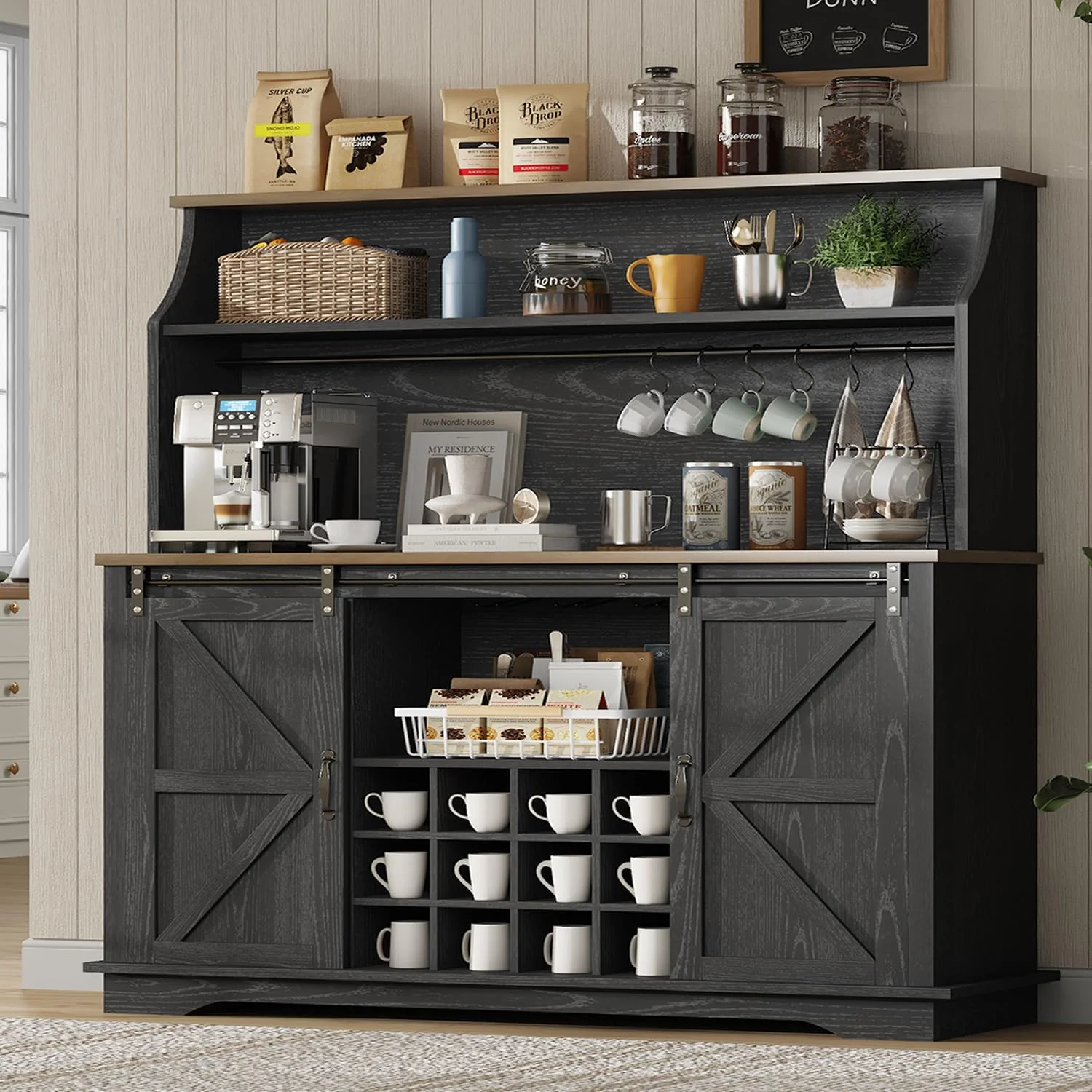 Specialty REVOMINCA 55 Farmhouse Coffee Bar Cabinet with 3 Tier Storage Hutch Black Luxury