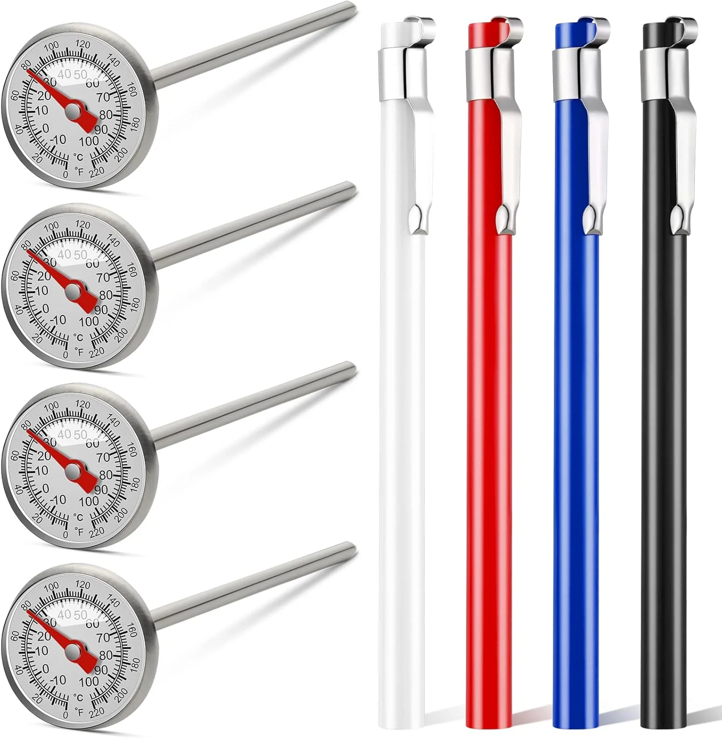 Fashionable Xuhal 4 Pieces Stainless Steel Kitchen Pocket Thermometer Immediate Read 1 Inch Dial Food Thermometer with 4 Pcs Sleeves for Milk Frothing Oven Meat Certified