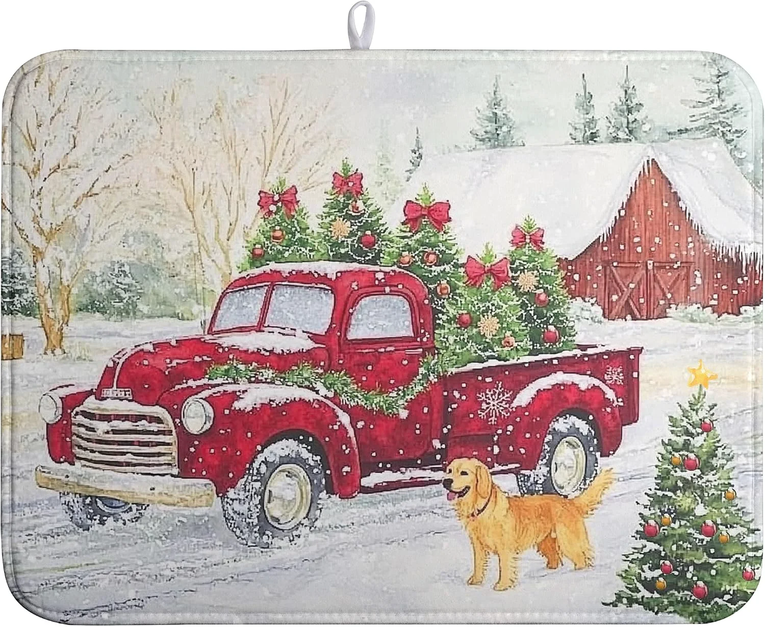 Premium Material Christma Red Truck Dish Drying Mat Winter Dog Large Kitchen Mats Dish Drying Pad Xmas Tree Vintage Absorbent Dish Dryer Mat for Kitchen Countertops Microfiber Drainer Pad Dish Drying Mats 18×24 in High-End
