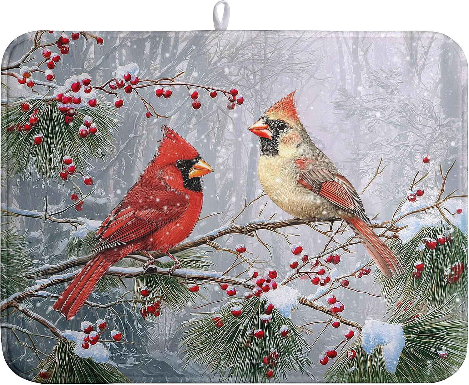 Crafted Winter Cardinal Birds Dish Drying Mats Christmas Snowflake Dish Mat Kitchen Tree Large Drying Matt Dishes Dryer Pad for Kitchen Counter Absorbent Microfiber Washable Foldable Reusable 18×24 in Original Design