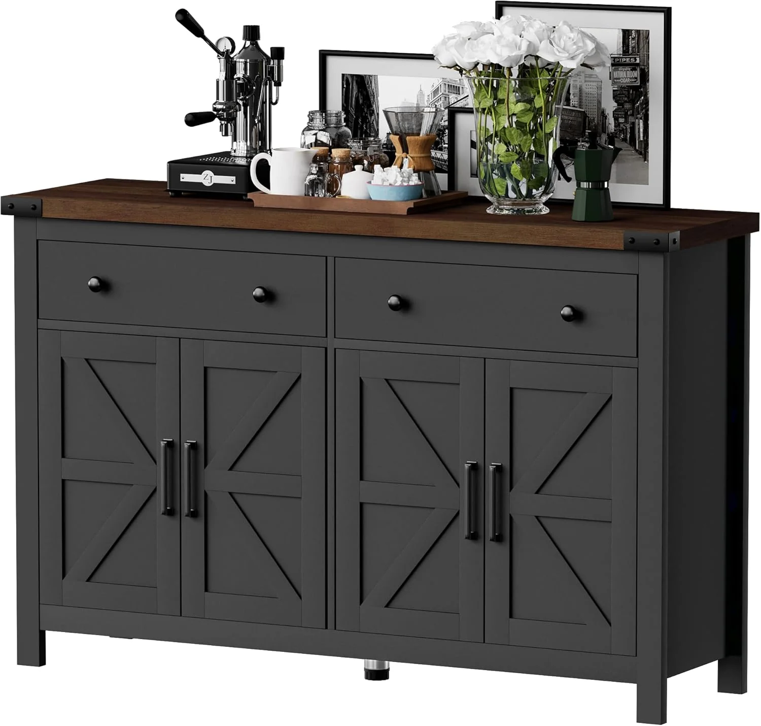 Casual 55 Sideboard Buffet Cabinet with Storage Coffee Bar Cabinet with 2 Drawers and 4 Barn Doors Long Storage Cabinet Modern Farmhouse Black Wood Professional
