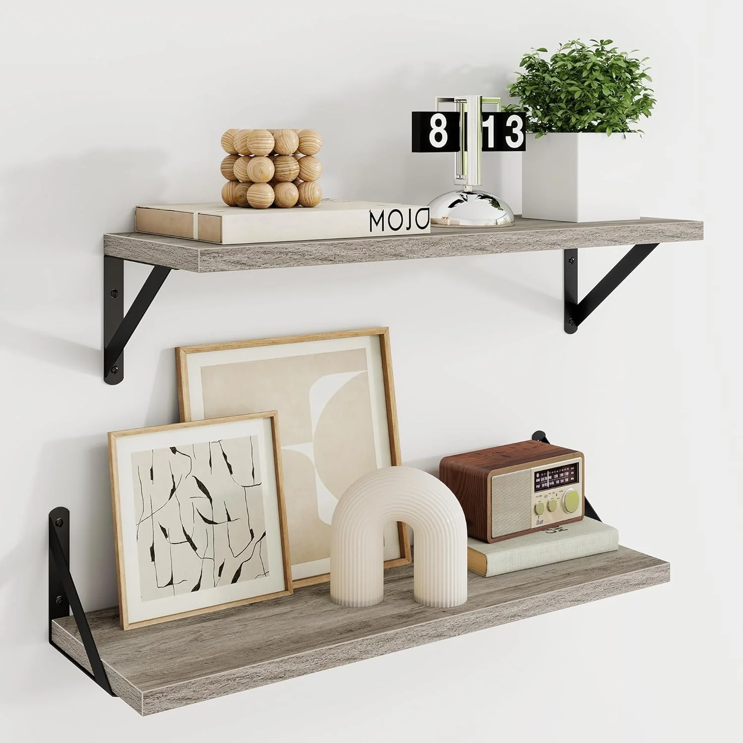 Innovative Dreamland Grey Floating Shelves for Wall 24W x 8D Wall Mounted Shelves Set of 2 Wide Display Ledge Shelf with Sturdy Metal Brackets for Living Room Contemporary