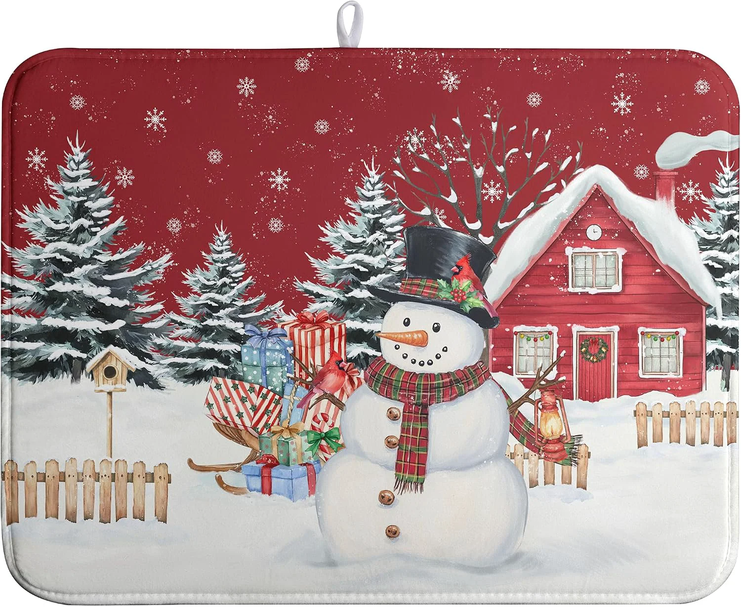 Refined Christma Snowman Dish Drying Mat Winter Snowflake Large Kitchen Mats Dish Drying Pad Red Absorbent Dish Dryer Mat for Kitchen Countertops Microfiber Drainer Pad Dish Drying Mats 18×24 in Reliable