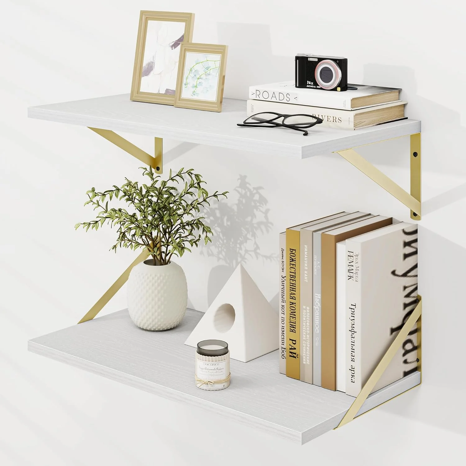 Lightweight Dreamland Gold Shelves for Wall White Wood Wall Mounted Shelves Large Floating Shelf 12 24 inch Set of 2 for Bookshelf Living Room Bedroom Home Casual
