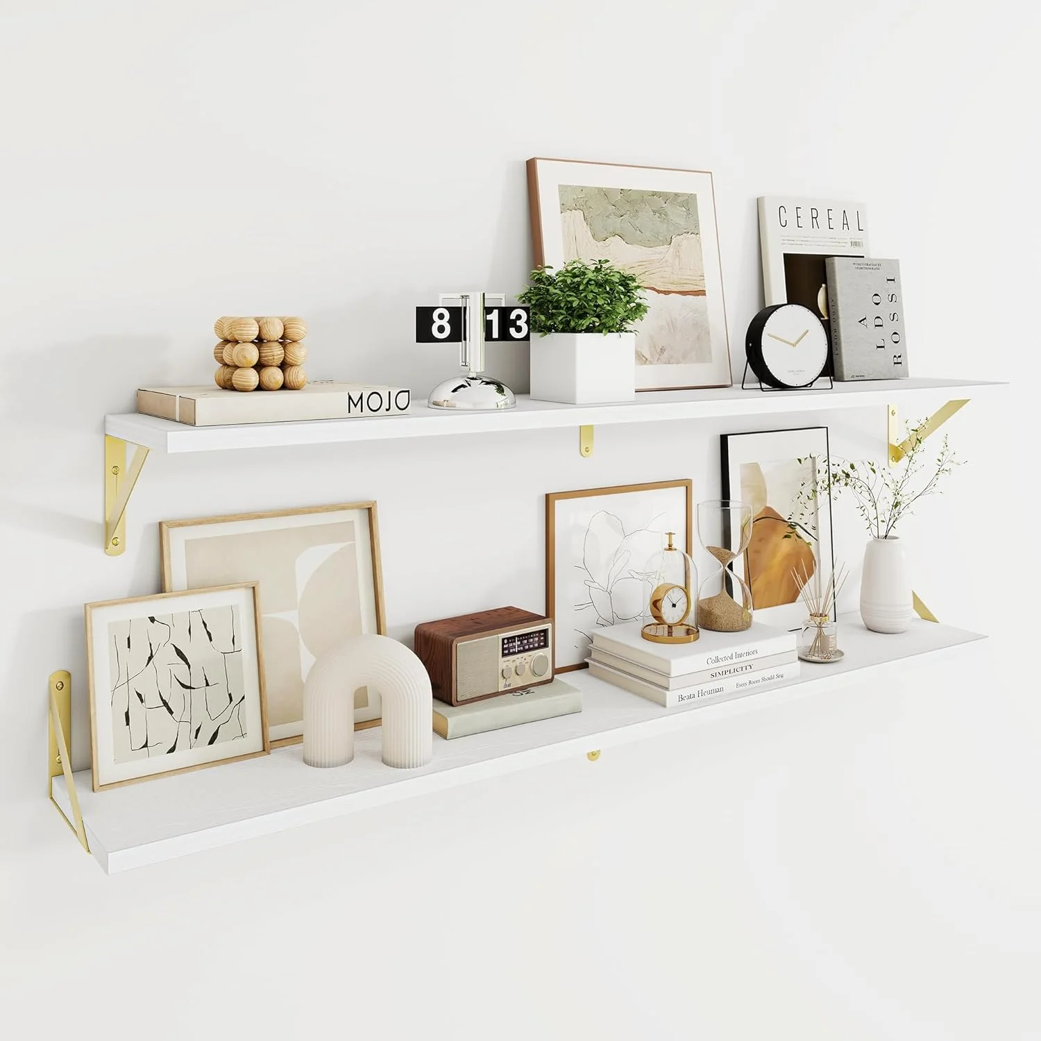 Proven Dreamland White and Gold Shelf 48W x 8D Wall Mounted Shelves Set of 2 Wide Display Ledge Shelf with Sturdy Metal Brackets for Living Room Bathroom First-Class