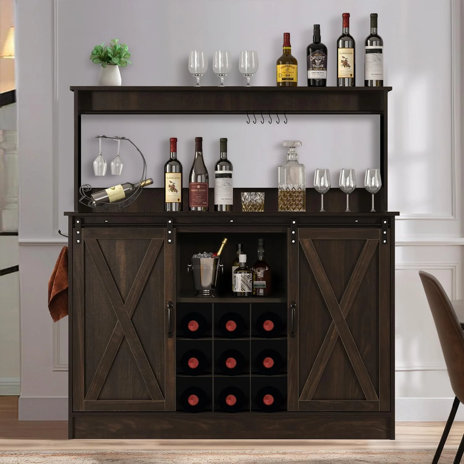Optimized 4ever2buy Farmhouse Coffee Bar Cabinet with 9 Wine Racks and 6 Hooks 47 Inch Wine Cabinet with Storage Soft
