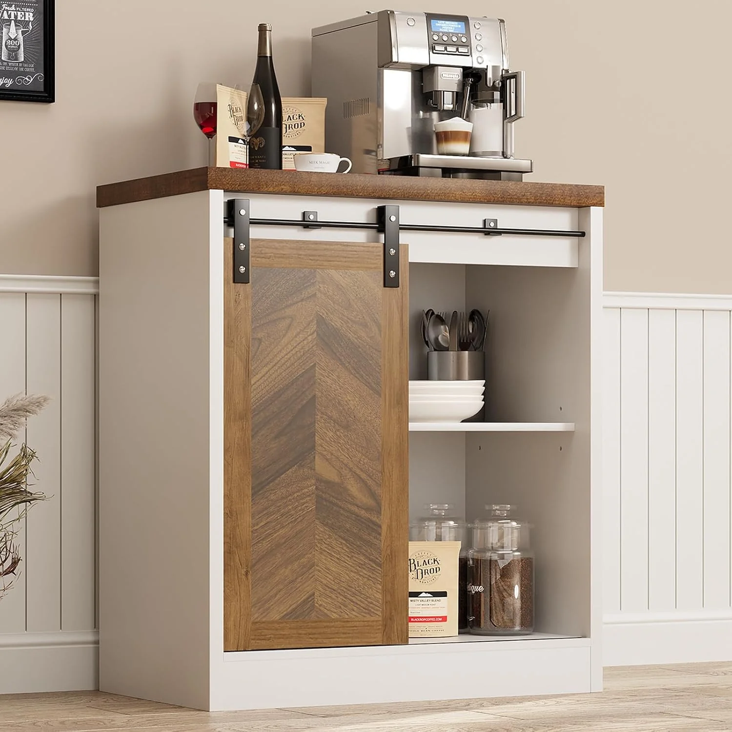 Natural Catrimown Farmhouse Small Coffee Bar Cabinet with Storage White Coffee Bar Table with Sliding Barn Door Adjustable Shelves Bar Cabinet for Kitchen Dining Living Room 1 Pack Trendy