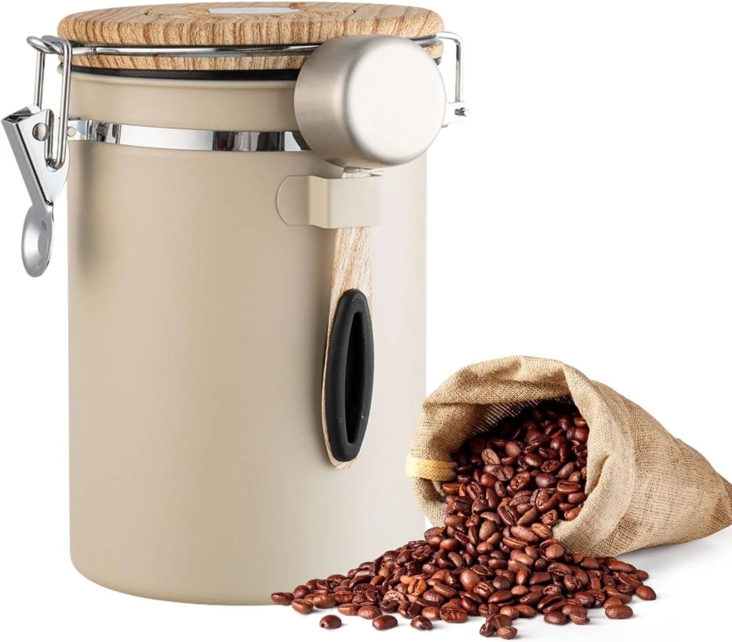 Modern Airtight Coffee Canister 1.8L with Wooden Lid Scoop Set 304 Stainless Steel Food Storage Container with CO₂ Valve for Beans Grounds Tea Sugar Unique