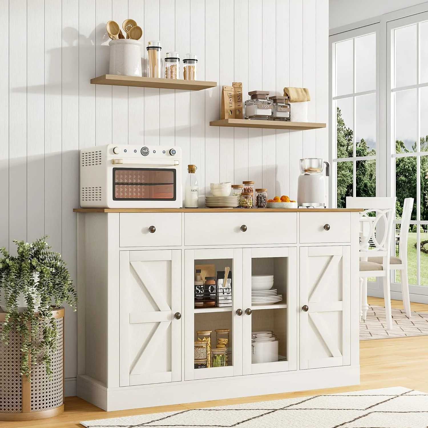 Detailed 4 Ever Winner 55 Buffet Cabinet with Storage Farmhouse Coffee Bar Cabinet with Glass Doors and Drawers World-Class