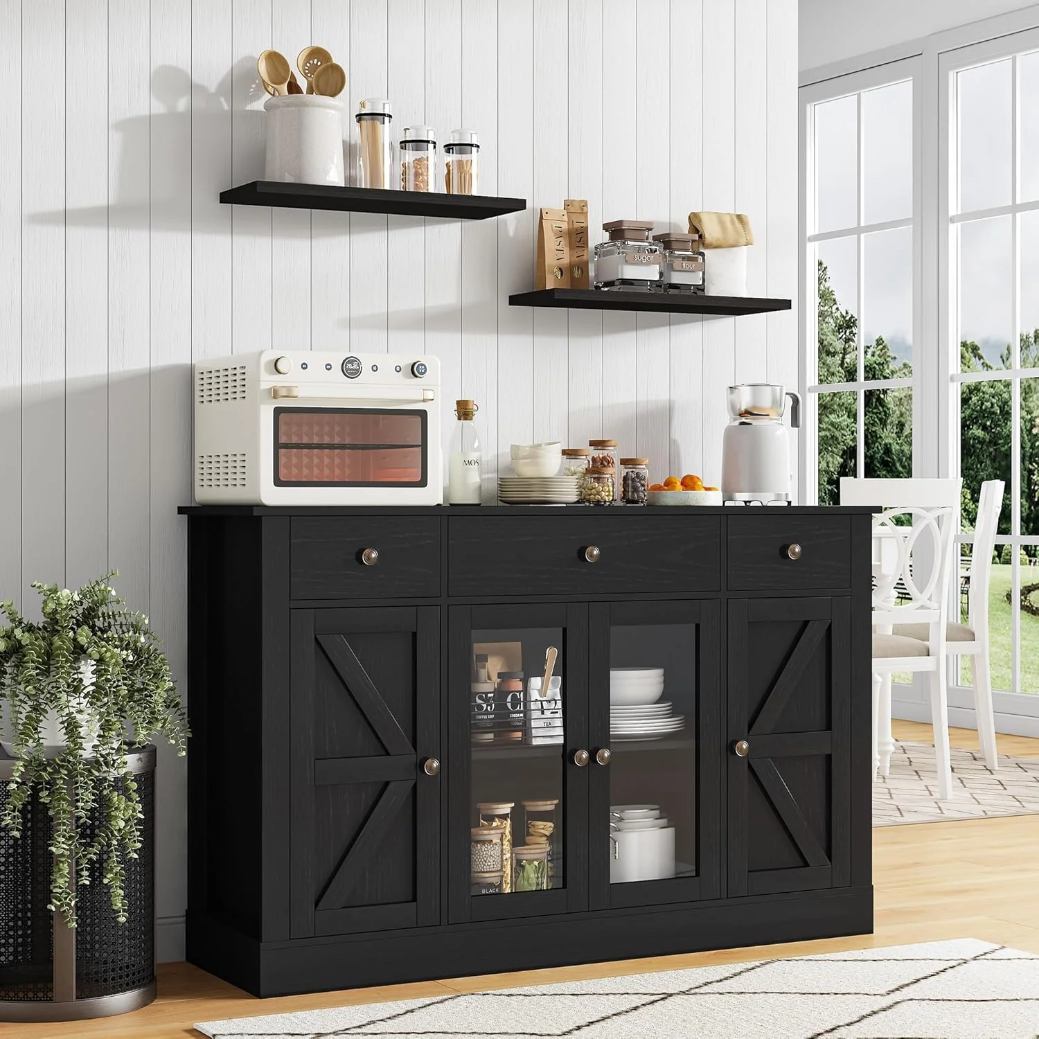 Eco-Friendly 4 Ever Winner 55 Coffee Bar with 4 Glass Doors and 3 Drawers Sideboard Buffet Cabinet with Storage High-End