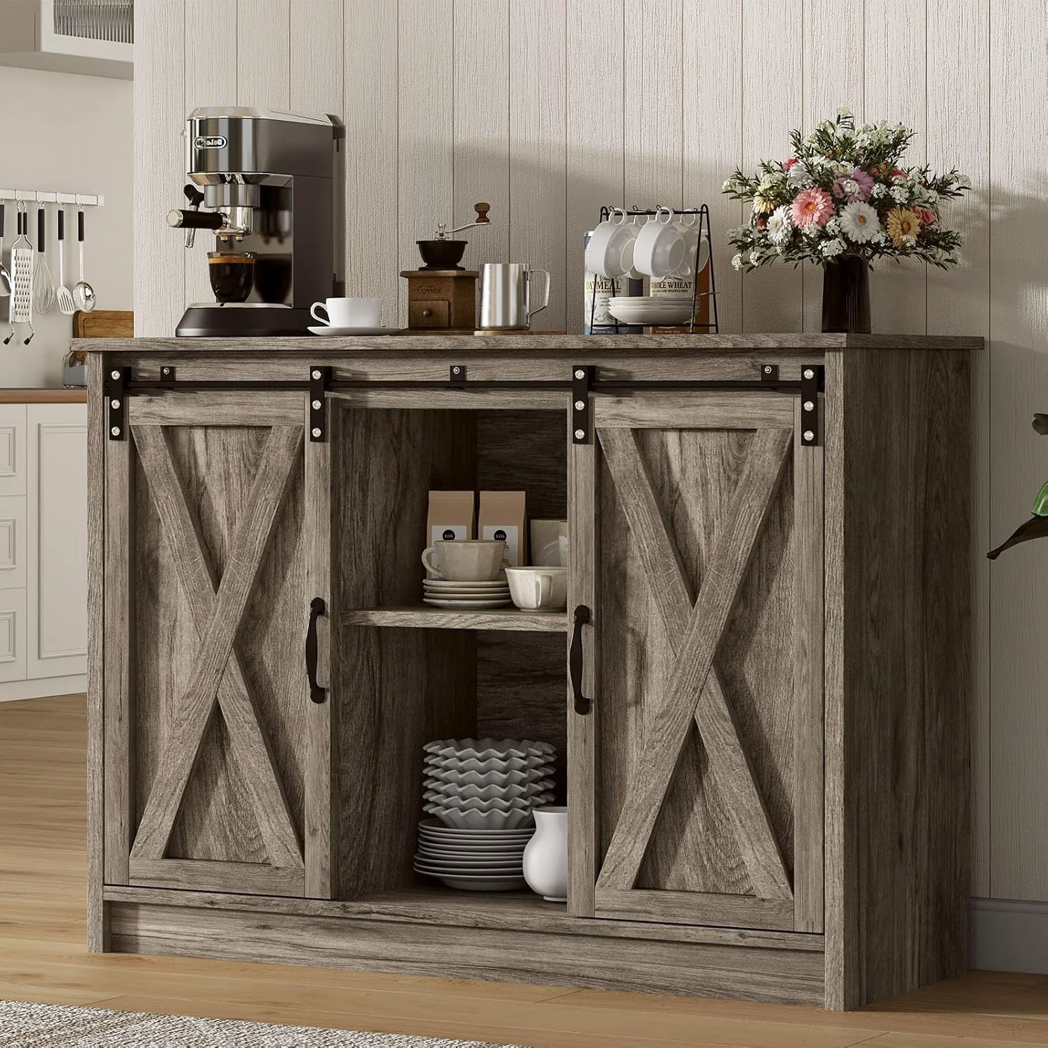Consistent 4 Ever Winner Farmhouse Coffee Bar Cabinet with Sliding Barn Door 42 Coffee Bar Table with Adjustable Shelves Enhanced
