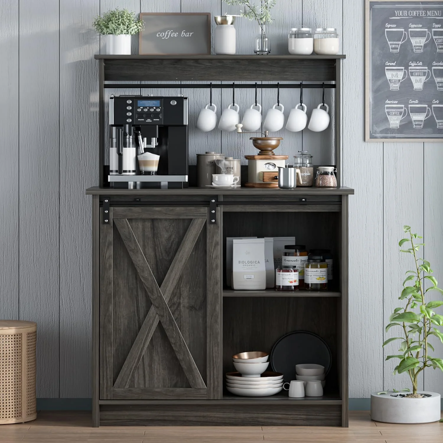 Certified 4ever2buy Farmhouse Coffee Bar with Hutch 31 Inch Buffet Cabinet with Sliding Barn Door Storage Bar Cabinet with 6 Hooks Comfortable