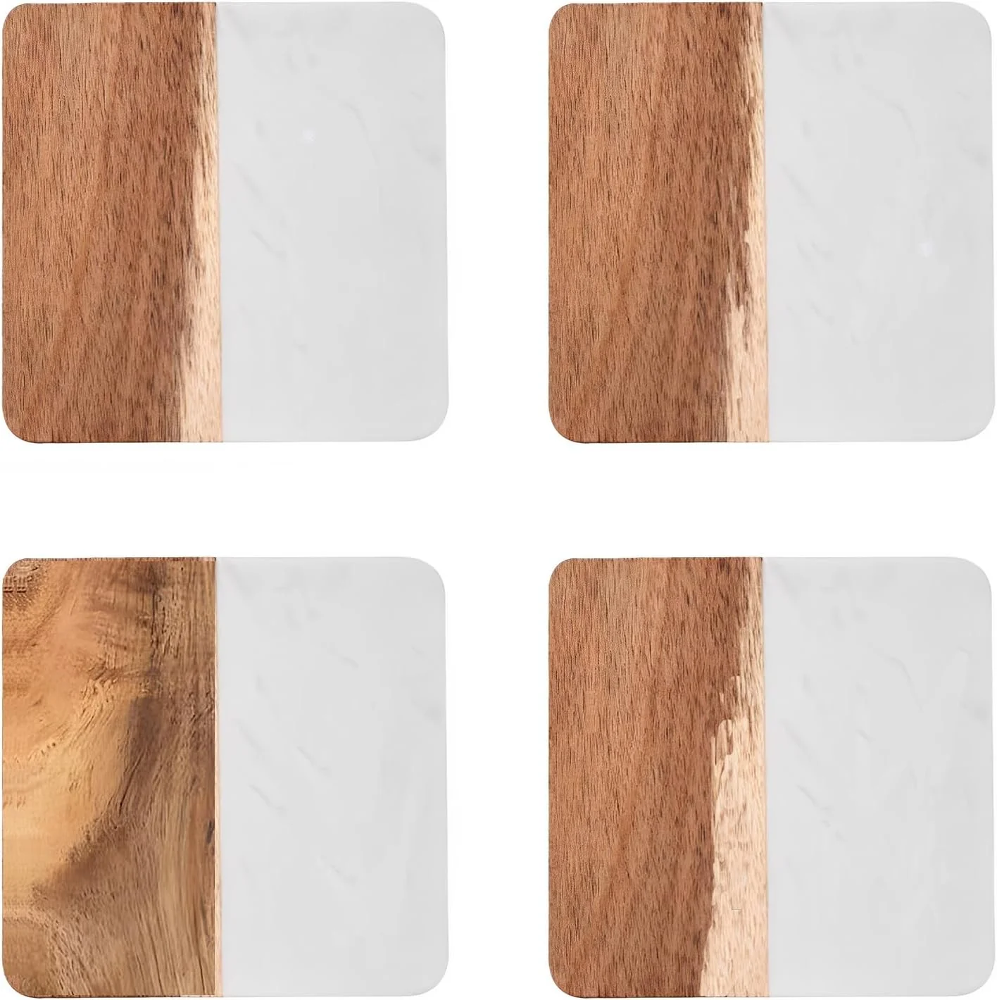 Luxury I-LAN 4-Piece Marble and Wood Coasters for Drinks 4×4 Inch Square Modern White Marble and Natural Acacia Wood Coaster Set Heat Resistant Table Protection for Coffee Table and Bar White Brown Smart