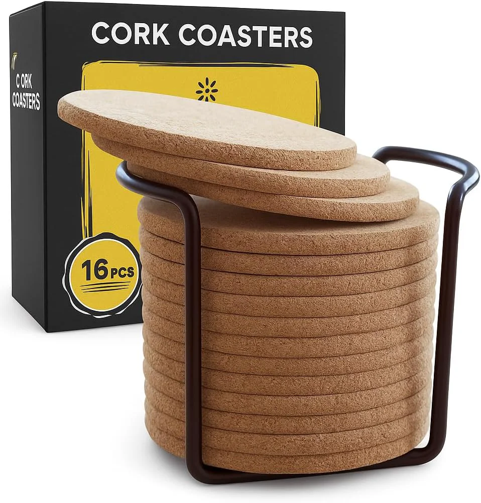 Premium Material Cork Coasters for Drinks with Metal Holder – 16 Pcs Round 4 inch Drink Coaster Thick Absorbent Heat-Resistant Saucer Traditional