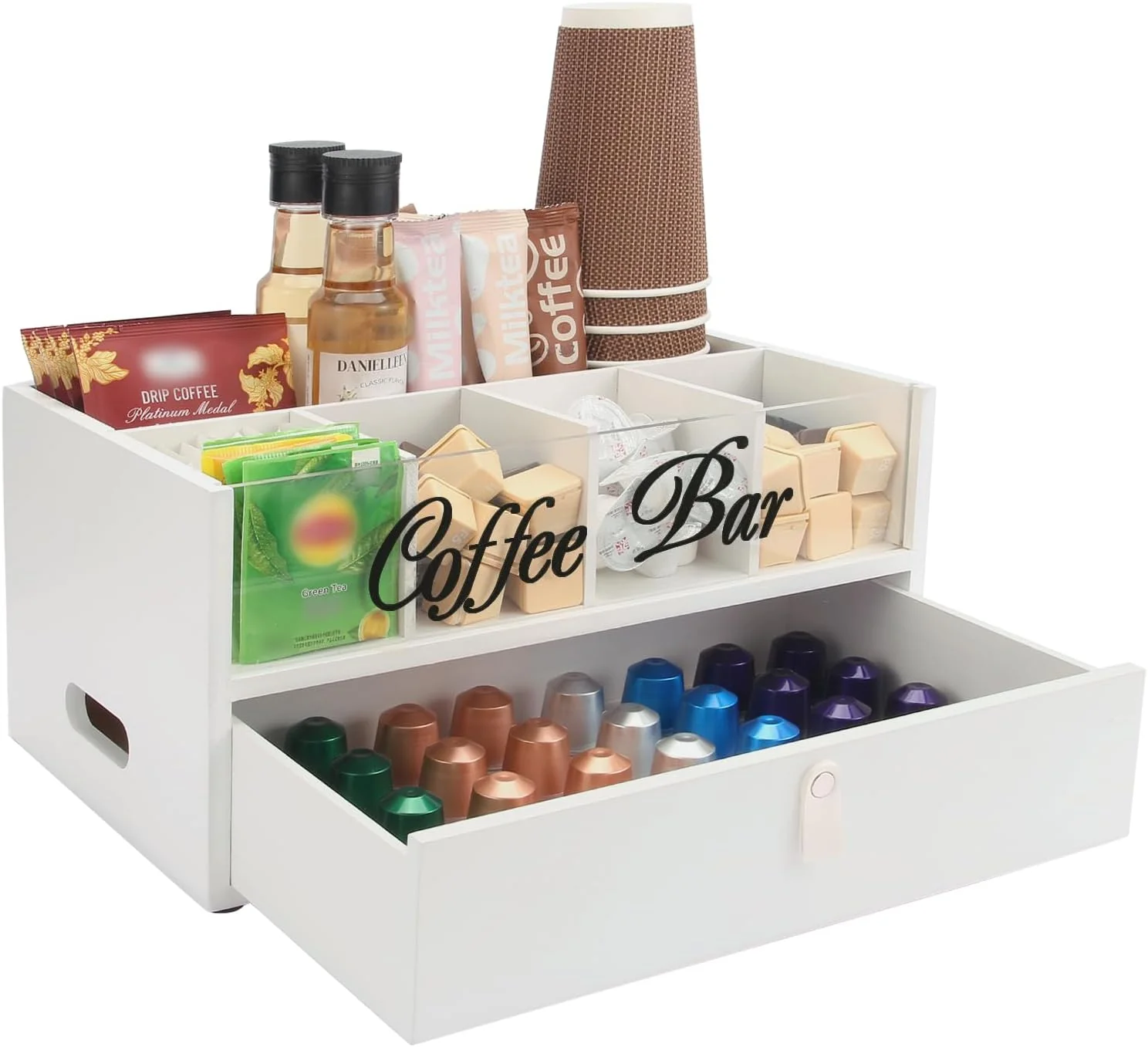 Official 2-Tier Coffee Bar Organizer with Clear Acrylic Top Built-in Drawer and Leather Handle Pull for Countertop Classic