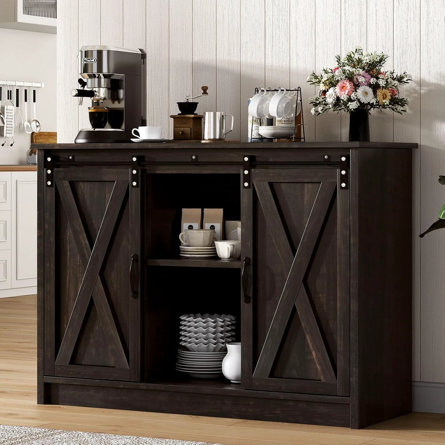 Smooth 4 Ever Winner Coffee Bar Cabinet with Sliding Barn Doors 42 Sideboard Buffet Cabinet with Storage Fine Crafted
