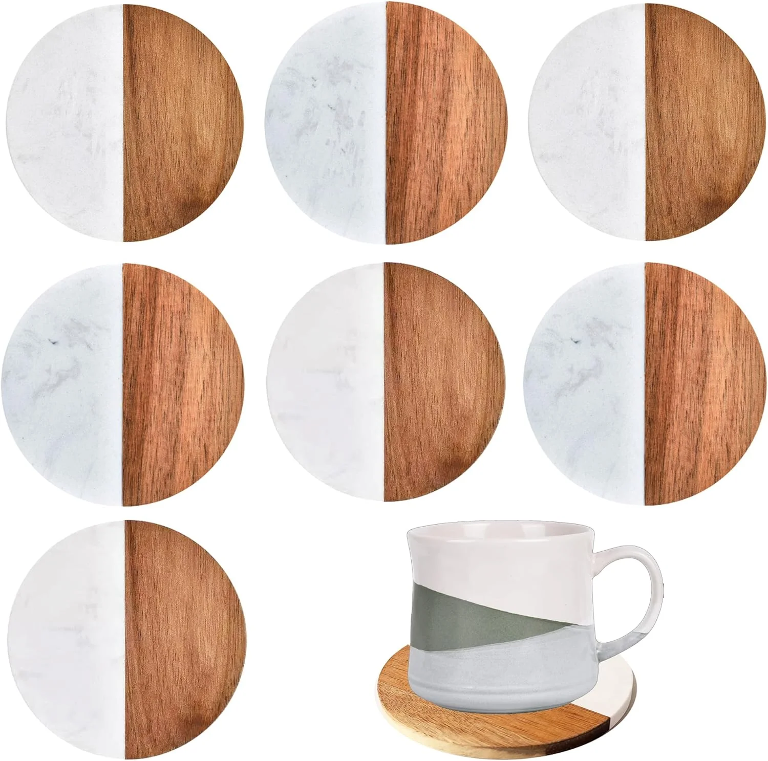 Quality I-LAN 8Packs Round Natural Wood and Marbel Style Drink Coasters for Coffee Wooden Table Drink Bar Coaster Set Tea Table Coasters for Living Room Detailed
