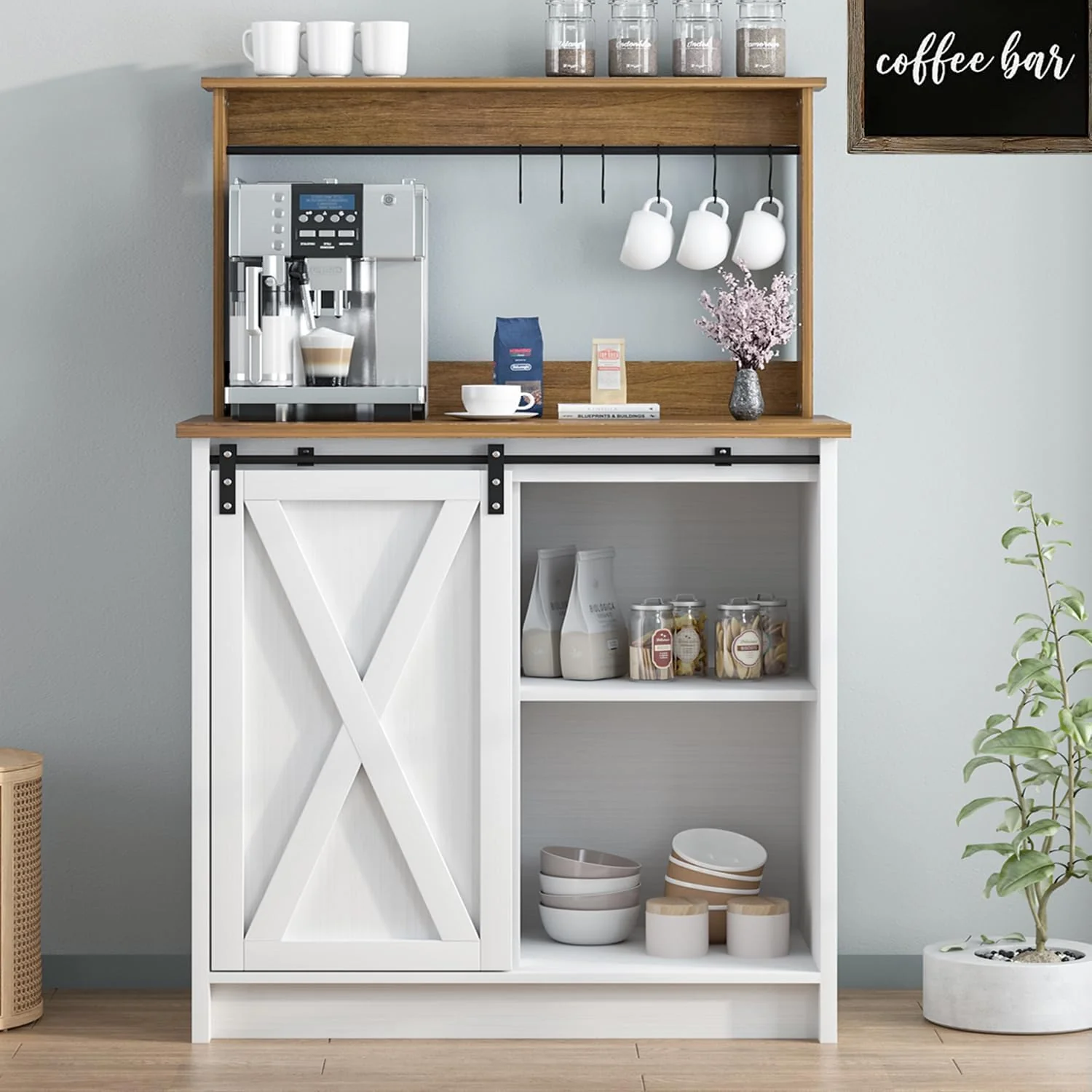 Smart Farmhouse Coffee Bar with Hutch White Coffee Bar Cabinet with Storage Sliding Barn Door 31 Inch Buffet Cabinet with 6 Hooks Enhanced