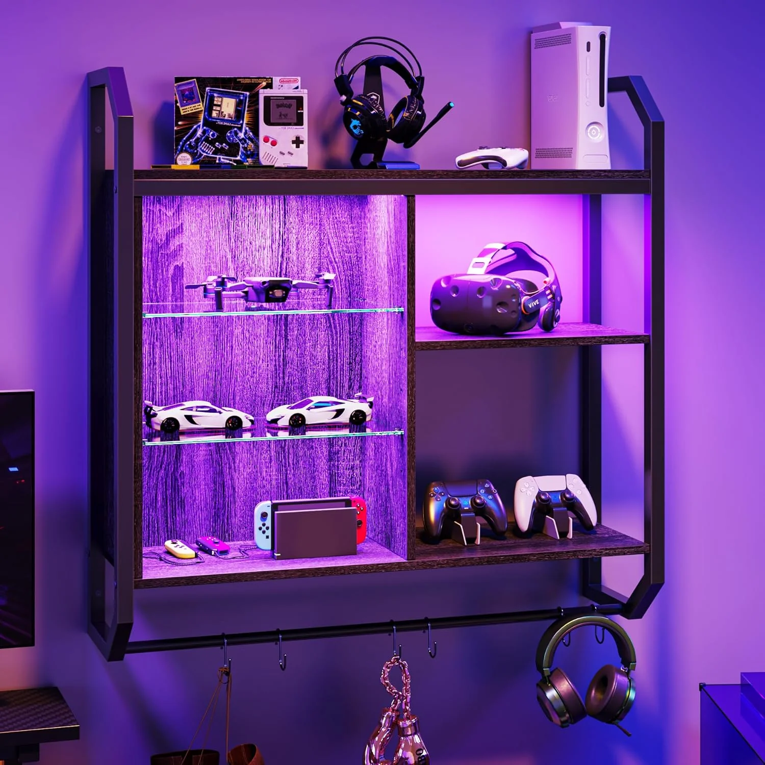 Functional ier Gaming Floating Shelves 34 LED Wall Mounted Shelf with Adjustable Glass Shelf Pipe Shelves Hanging Display Rack Bookshelf with 6 S-Hook Secure
