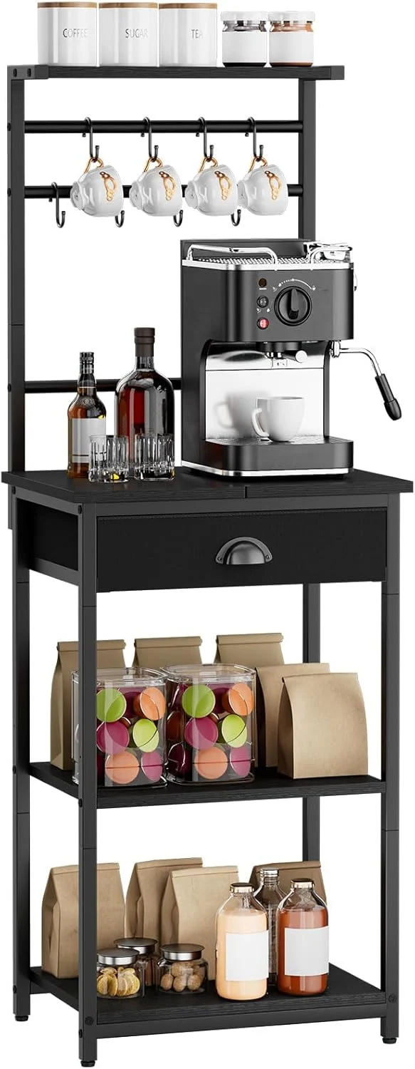 Exceptional Ymyny 5 Tier Coffee Bar Station Coffee Stand with Fabric Drawers 8 S-Shaped Hooks Corner Bar Cabinet Height Adjustable Bakers Rack for Kitchen Official