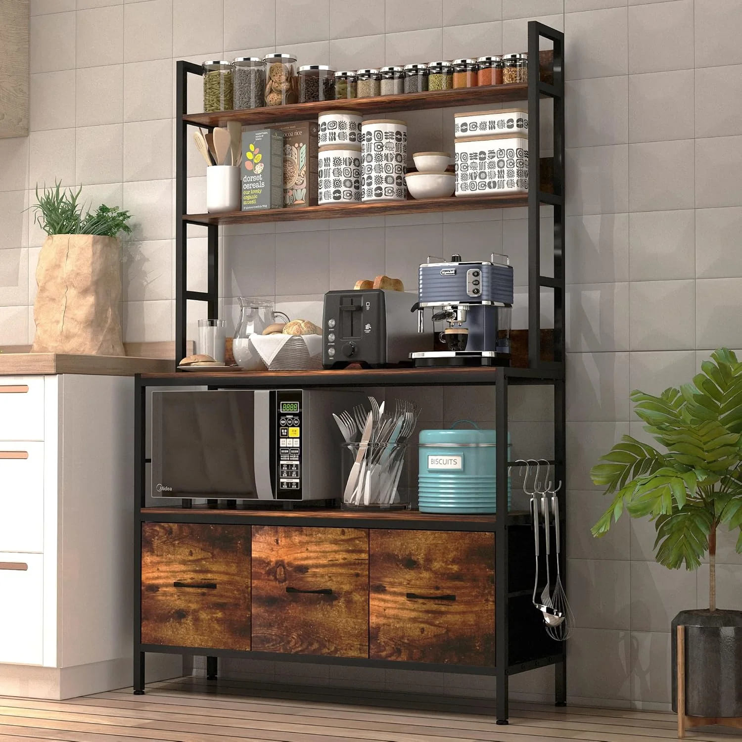 Green Kitchen Bakers Rack with Baskets 5-Tier Standing Storage Shelf Rack Industrial Microwave Oven Stand Metal Kitchen Rack Organizer with Hooks Responsible