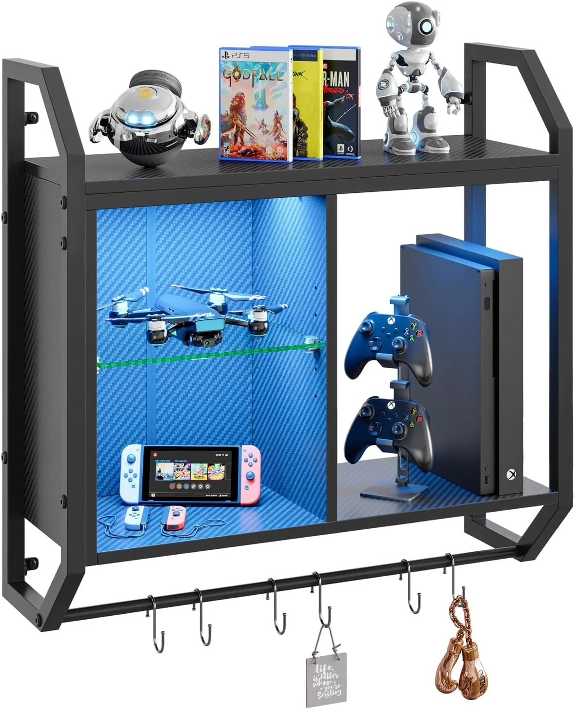 Exclusive ier 25 LED Gaming Floating Shelves for Wall Wall Mounted Shelf Pipe Adjustable Glass Shelves Hanging Display Rack with 6 S-Hooks Towel Bar Safe