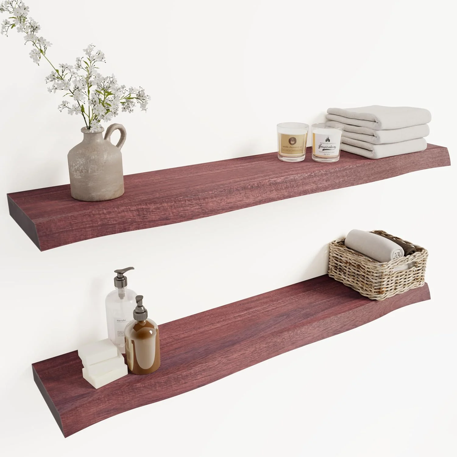 Innovative Howizz 36” Live Edge Floating Shelves for Wall Acacia Wood Wall Mounted Shelves with Invisible Brackets Rustic Wooden Shelf Set of 2 for Living Room Bedroom Bathroom Kitchen Decor Cherry Sustainable