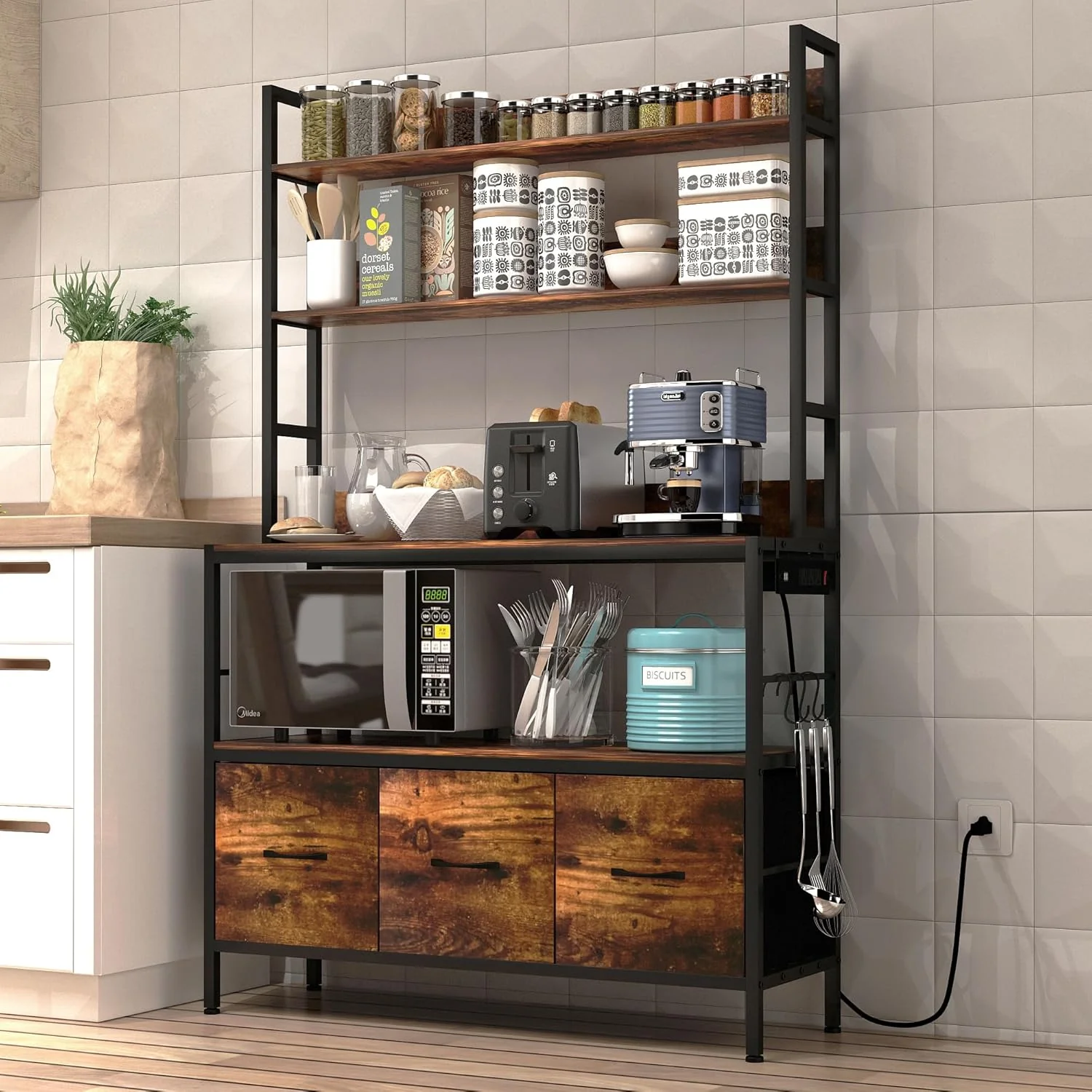 Innovative Kitchen Bakers Rack with Power Outlet 5-Tier Standing Storage Shelf Bakers Rack with Baskets Industrial Microwave Oven Stand Elegant
