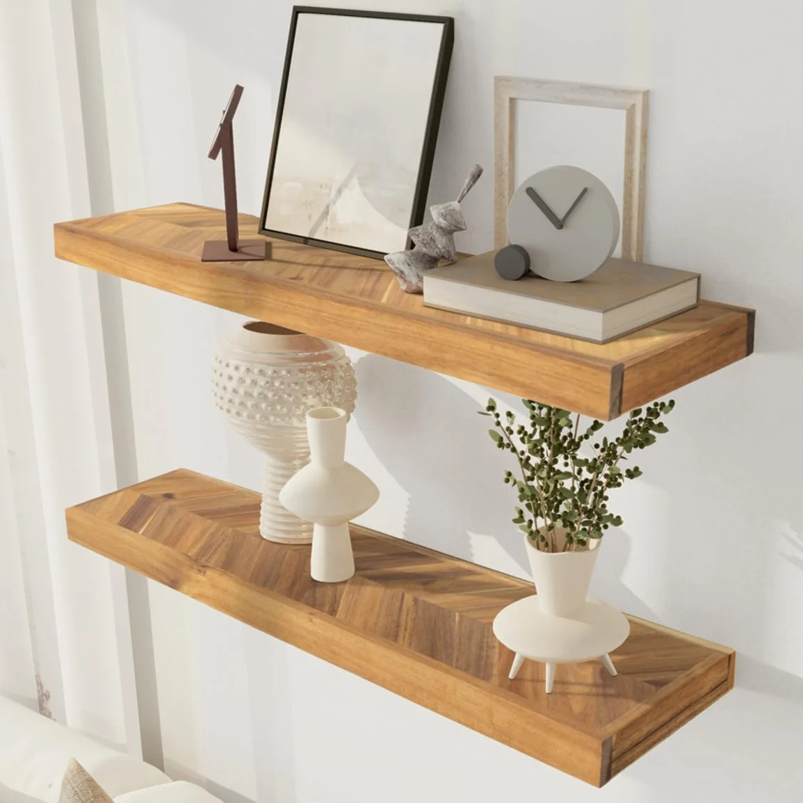 Dependable 48 Rustic Farmhouse Floating Shelves – Set of 2 Acacia Wood Shelves for Stylish Wall Decor in Kitchen Bathroom and Office Unique Chevron Pattern Consistent