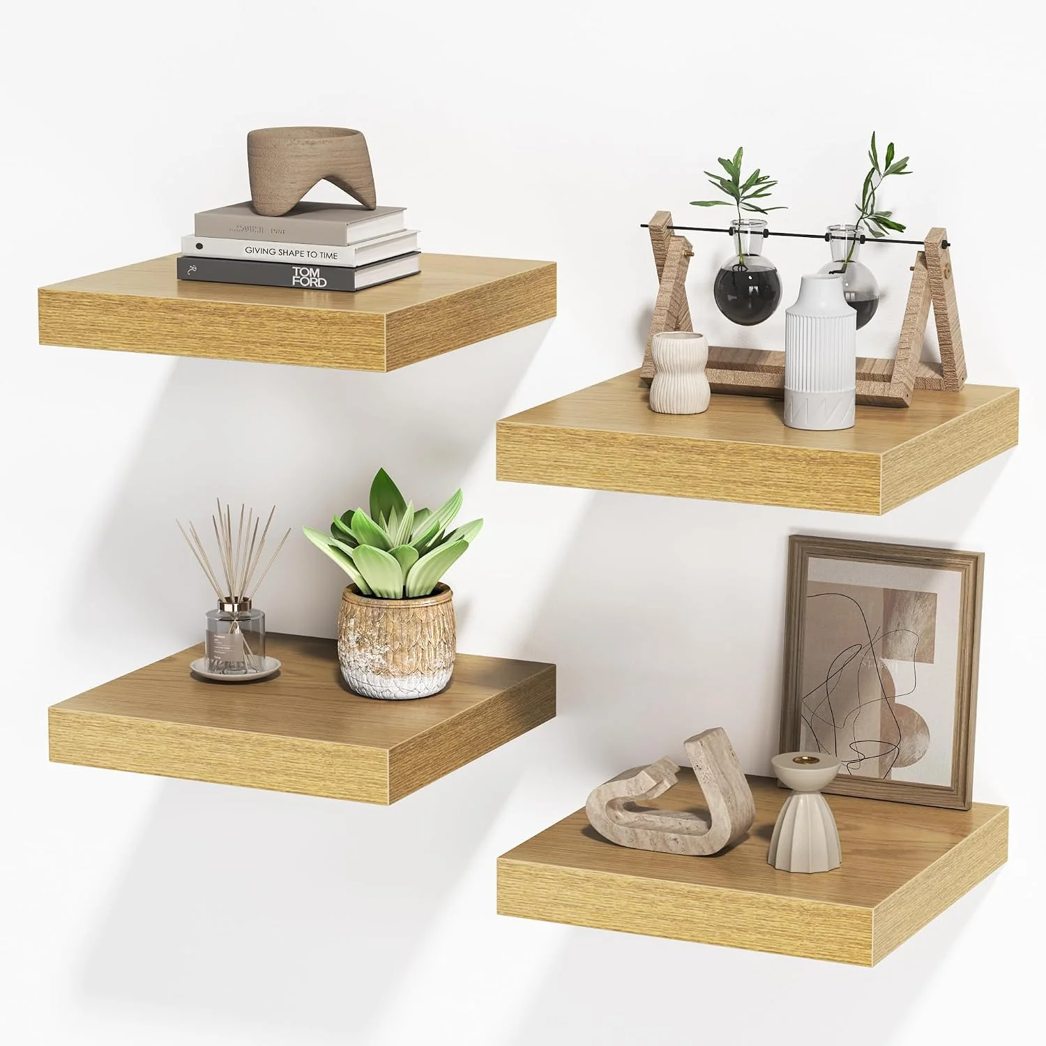 User-Friendly FLYJOE Square Floating Shelves for Wall 10 W x 10 D x 1.4 H Small Wooden Wall Mounted Display Shelves with Invisible Brackets for Living Room Bedroom Bathroom Kitchen Decor Set of 4 Oak Classic