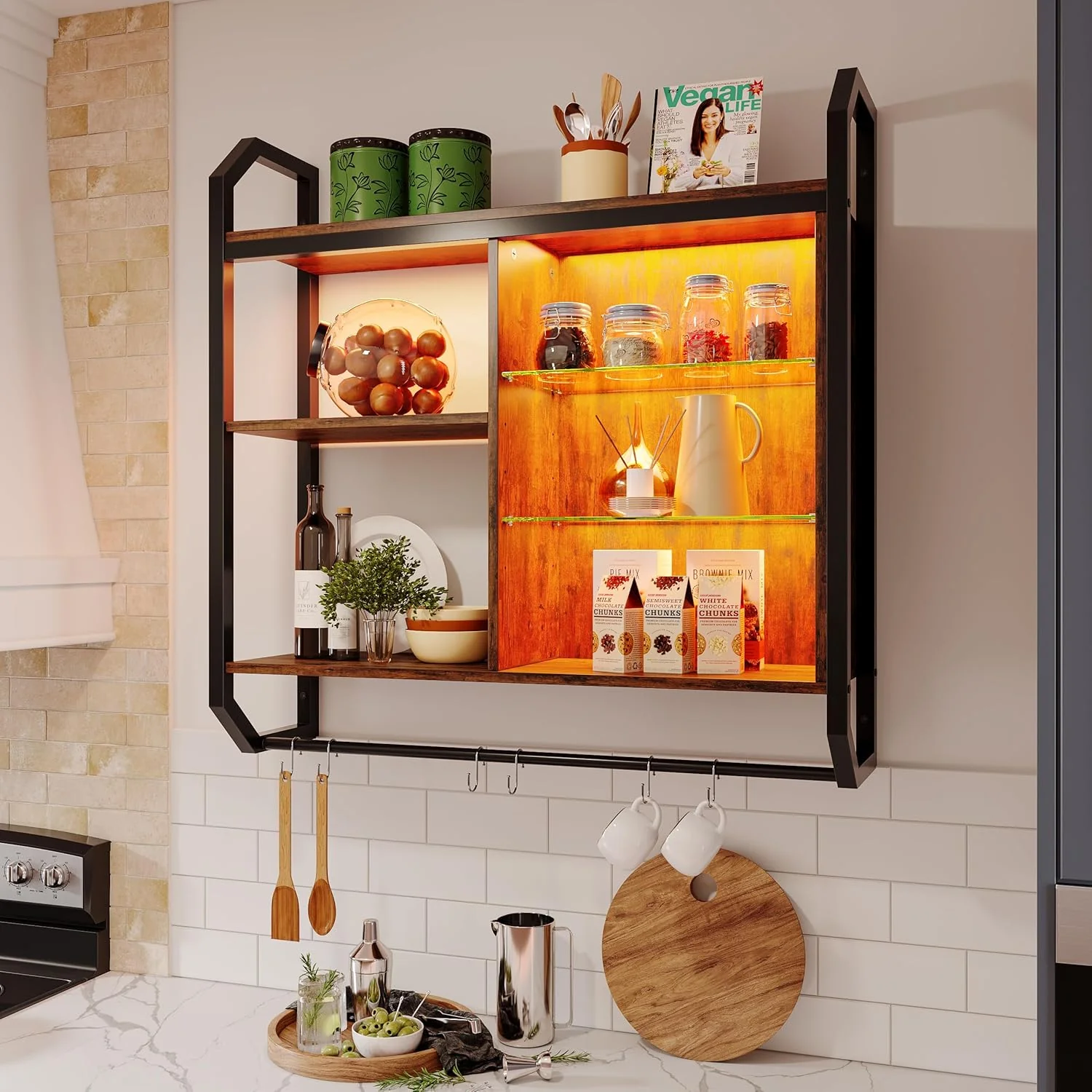 Crafted ier LED Kitchen Floating Shelves 34 Industrial Pipe Shelves with Adjustable Glass Shelves Wall Mounted Shelf with 6 S-Hook Towel Bar Safe