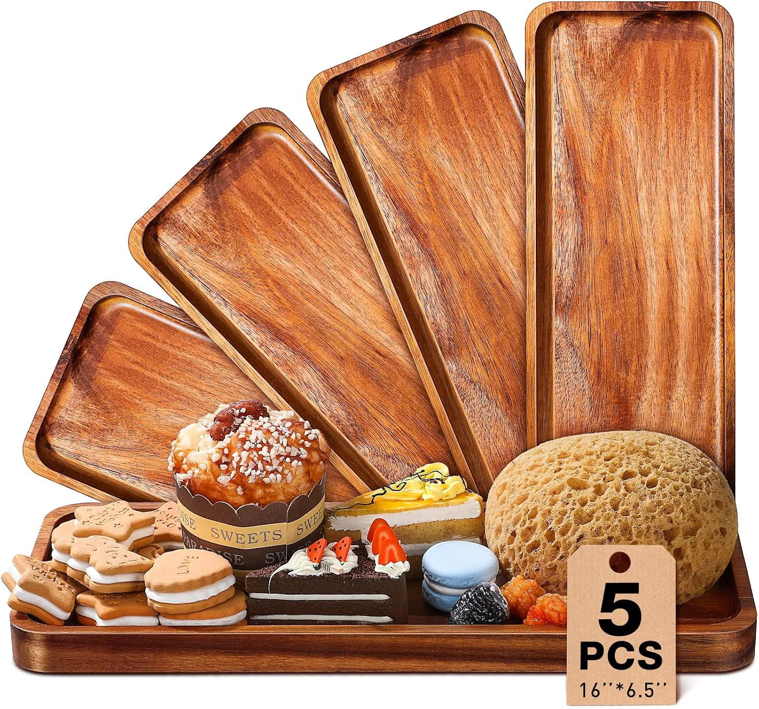 Comfortable Roowest 5 Pack Solid Acacia Wood Serving Trays for Laser Engraving Rectangular Wooden Board for Food Appetizer Serving Tray Plates for Vegetables Fruit Cheese Housewarming Gifts 16 x 6.5 Inch Safe