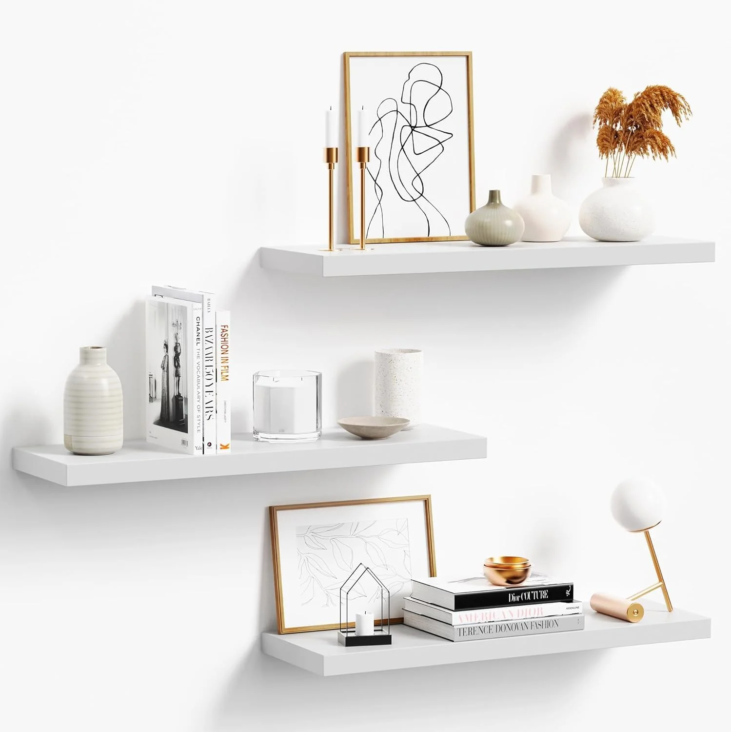 Detailed 3-Pack 24 White Modern Wooden Floating Shelves Wall Mounted Set of 3 6.7 W x 24 L x 1 H 25lbs Load Capacity Each for Bathroom Kitchen Living Room Bedroom Reliable