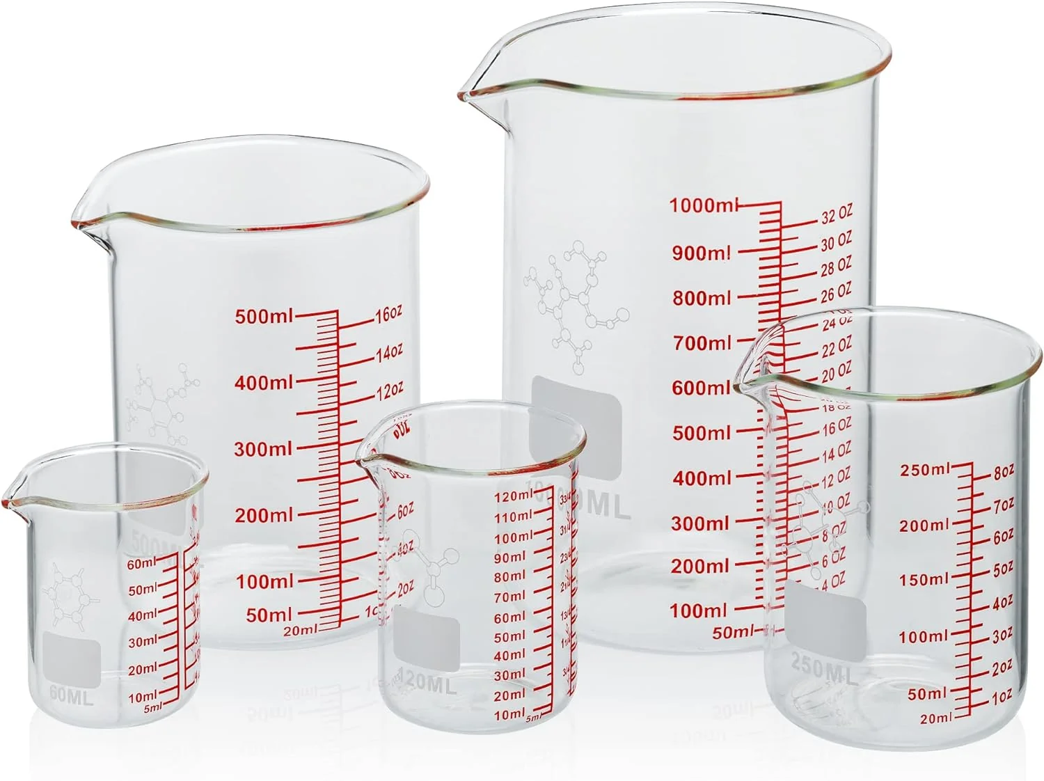 Stylish High Borosilicate Glass Measuring Cup Set-V-Shaped Spout Includes 60ml 2OZ 120ml 4OZ 250ml 8OZ 500ml 16OZ and 1000ml 32OZ for Kitchen or Restaurant Easy to Read Excellent
