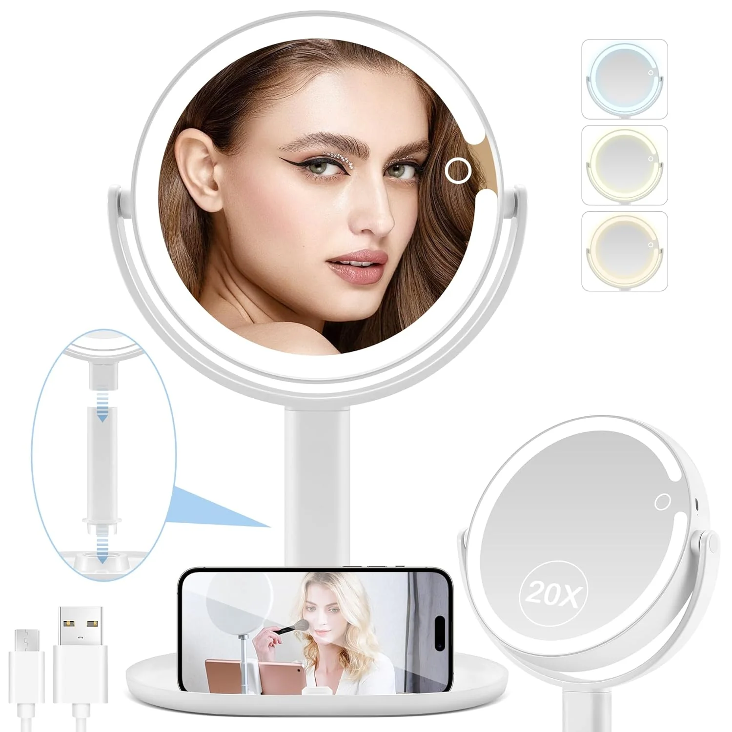 Next-Generation Lighted Makeup Mirror 20X Magnifying Mirror with Light and Adjustable Brightness Vanity Mirror with 3 Color Light 2-Sided Mirror for Desk Detachable Travel Makeup Mirror with Light 8.8 Inches Natural